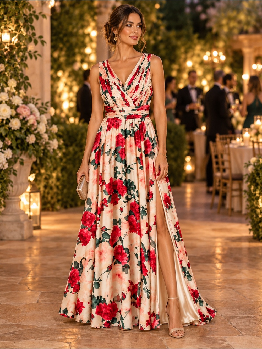 Calvin Klein Cream Maxi Dress with Red Floral Print